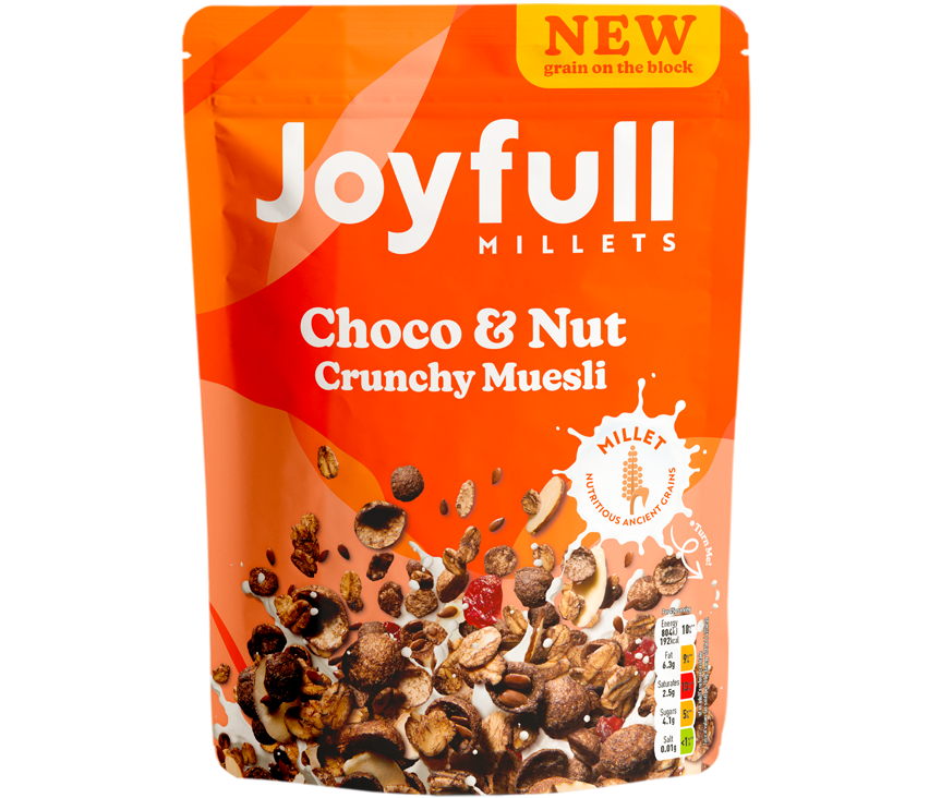 A pack shot of Joyfull Choco & Nut. This is a orange pouch, with the cereal and millets splashing from the bottom. There is a yellow flash on the top right that says "New Grain on the block". On the right side it has a milk splash that says "Millet, nutritious ancient grains".