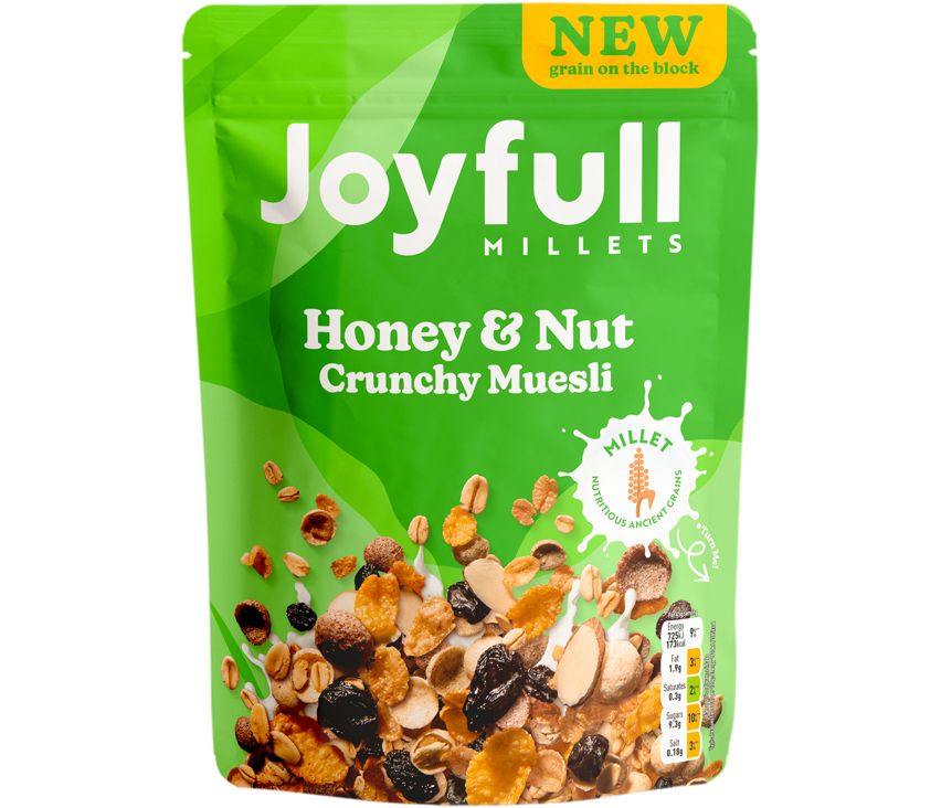 A pack shot of Joyfull Honey & Nut. This is a green pouch, with the cereal and millets splashing from the bottom. There is a yellow flash on the top right that says "New Grain on the block". On the right side it has a milk splash that says "Millet, nutritious ancient grains".