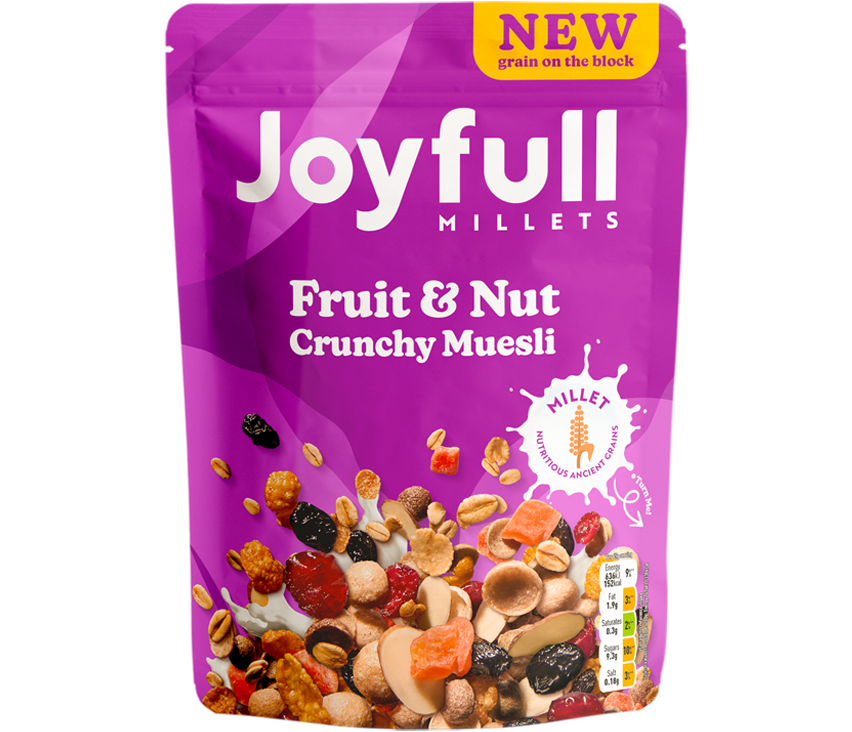 A pack shot of Joyfull Fruit &amp; Nut. This is a purple pouch, with the cereal and millets splashing from the bottom. There is a yellow flash on the top right that says &quot;New Grain on the block&quot;. On the right side it has a milk splash that says &quot;Millet, nutritious ancient grains&quot;.